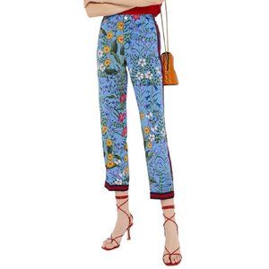 Gucci Grosgrain-Trimmed Floral Silk Crepe de Chine Trousers, Pants, 40 IT